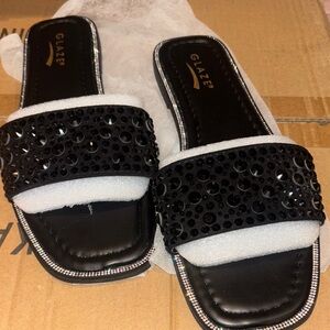 Glaze Black Rhinestone Slide Sandals